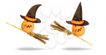 funny Halloween pumpkin flying on a witch's broomstick with a pointed hat