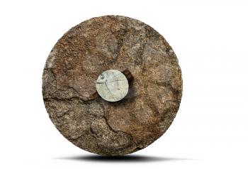 prehistoric stone wheel with wooden axle isolated on white background
