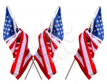the beautiful star-striped flag of the United States of America hangs on a flagpole in two variations one and crossed 