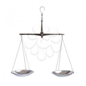 Old classic silver equal-arm scales with empty bowls on a chain in equilibrium position 