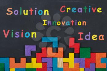 Business creative idea concept - inscription and jigsaw blocks on the blackboard