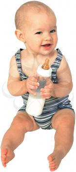 Royalty Free Photo of an Infant Child Sitting Holding a Bottle 