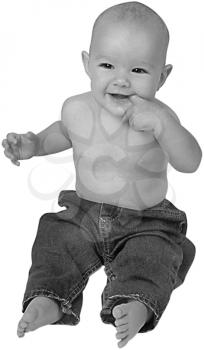 Royalty Free Black and White Photo of a Happy Infant Sitting Up