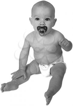 Royalty Free Black and White Photo of an Infant Child Sitting Up