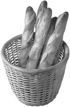 Royalty Free Black and White Photo of a Basket of Baguettes 