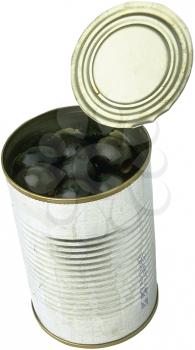 Royalty Free Photo of an Open Tin Can of Black Olives on a White Background