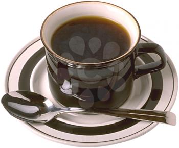 Royalty Free Photo of a Cup of Coffee on a Plate with a Spoon
