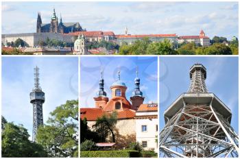 Collage with photos of Petrin tower and view to the Prague Castle in Czech Republic.