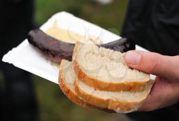 Close-up image of smoked sausage with slice of bread.