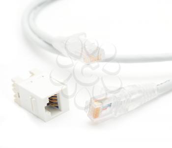 Ethernet gray Cat5e cable with RJ45 cable extender on a white background.