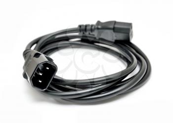 Black power cord with detail on the C14 (IEC320) connector on a white background.