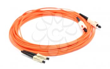 Orange optical cable on the white background macro shot.