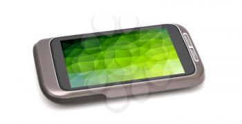 Modern smartphone on white background. Smartphone has abstract green background on screen.