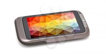 Modern smartphone on white background. Smartphone has abstract multi color background on screen.