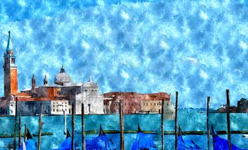 Abstract watercolor digital generated painting of the Church of San Giorgio Maggiore with gondolas in front in Venice, Italy.

