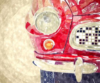 Abstract watercolor digital generated painting of the front view on classic vintage red car.