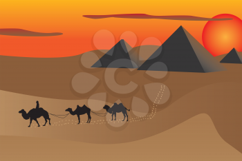 Illustration of pyramids and camels at sunset in Egypt.