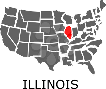 Bordering geographical map of USA with State of Illinois marked with red color.