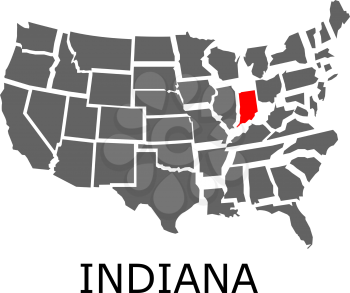 Bordering geographical map of USA with State of Indiana marked with red color.