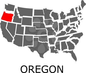 Bordering map of USA with State of Oregon marked with red color.