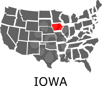 Bordering map of USA with State of Iowa marked with red color.