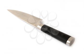 Sharp stainless steel chef knife with black handle over white background.