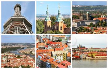 Prague city collage with photo frames contains important places, Prague castle, Petrin tower, Old Town, Vltava river.