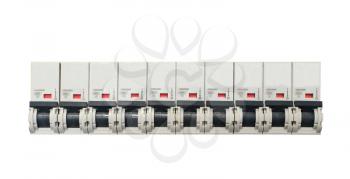 Line of circuit breakers isolated on white background.