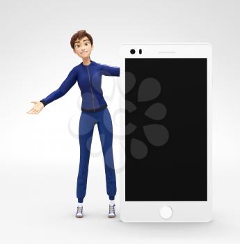 3D Rendered Product Mockup with Animated Character in Casual Clothes, Isolated on White Spotlight Background for Web, Business Presentation, Banner or Advertisement

