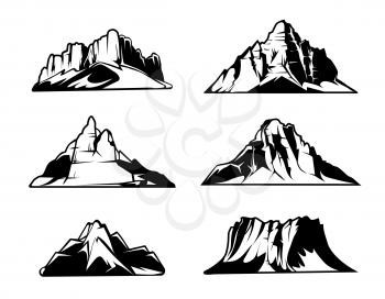 Monochrome mountains vector silhouettes. Snowy mountain ranges. Outdoor design elements set. Mountain landscape monochrome, illustration of hill mountains rock