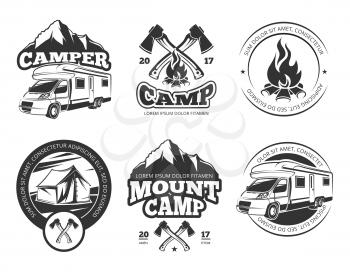 Vintage vector labels set with camper near mountain, tent and firtrees. Monochrome camping logo elements. Emblem outdoor adventure camp, illustration of vintage mountain camp label