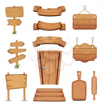 Vector illustration of wooden signboards, doors, plates and other different shapes with wood texture. Wooden board and door, signboard and wooden banner plank