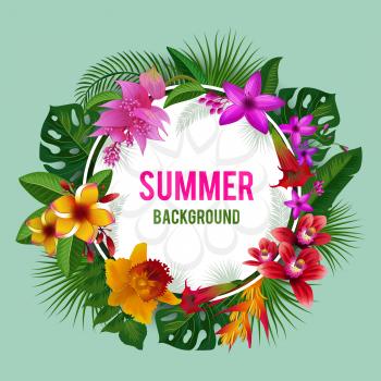 Tropical graphics. Exotic spring or summer flowers background vector illustration. Flower blossom wreath, round frame bloom wreath