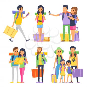 Tourist group of happy people goes to vacation. Couple or family with kids in traveling. Vector illustration. People together on vacation with backpack