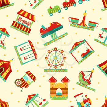 Amusement park with carousel, circus and other attractions. Vector seamless pattern amusement park illustration