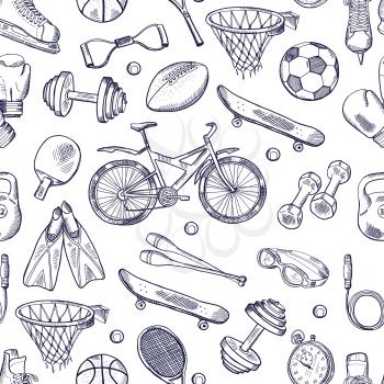 Vector doodles hand drawn seamless pattern of different sport accessories. Sport sketch pattern, soccer and football ball, swimming and boxing sport illustration