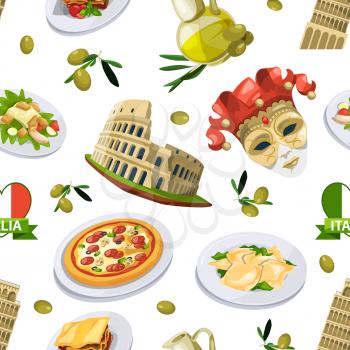 Food of italy cuisine. Illustration of different national elements. Vector seamless pattern national italy food and italian monuments