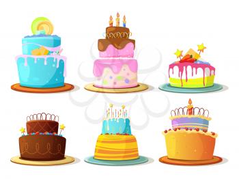 Cartoon cream cakes set isolate on white background. Vector illustrations. Collection of sweet cake to event wedding or birthday