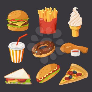 Fast food illustration in cartoon style. Pictures of burger, cold drinks, tacos and hotdog. Hamburger and hot dog, fastfood and drink lunch vector