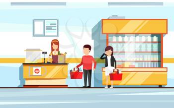Saleswoman in supermarket interior. People standing in store checkout line. Vector flat illustration of mall. Store shop interior with shopper