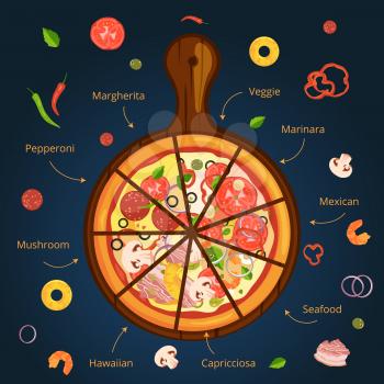 Different ingredients of classical italian pizza. Delicious food illustration. Vector infographics. Ingredient for italian pizza