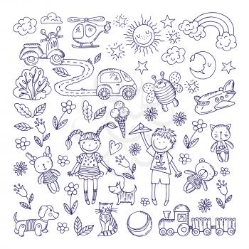 Children dreams. Vector hand drawn illustration of boy and girl. Pets and different toys. Helicopter hand drawn, cartoon toys and animal