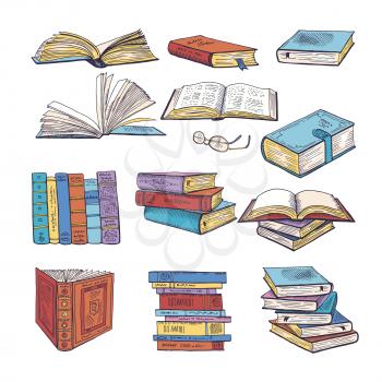 Set of different books. Encyclopedia, dictionary and others. Doodle vectors illustration. Book encyclopedia and paper dictionary book