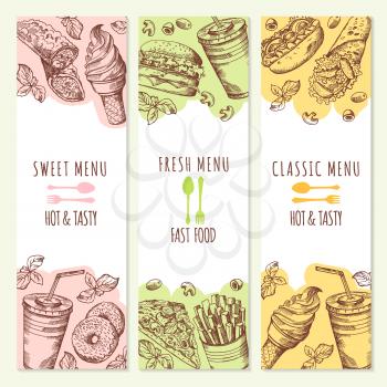 Vector sketch of three banners set with fast food pictures. Burger, pizza sandwich cola and french fries. Fast food banner, illustration of poster for fast food menu