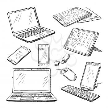 Doodle illustrations of different devices laptop, smartphone, tablet, pc and other. Vector pictures set of device laptop and smartphone