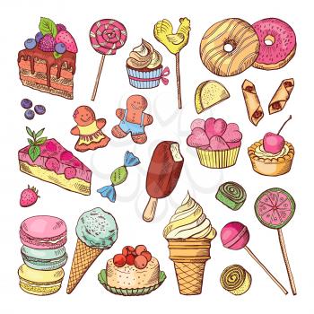 Wedding desserts, sweets cupcakes and ice cream in hand drawn style. Coloring doodle vector collection. Ice cream and collection of colored cake to birthday illustration