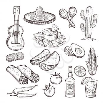Fast food and other mexican culture elements. Sombrero, guitar, tequila and tacos. Vector hand drawn set. Culture mexican, illustration of tequila and guitar