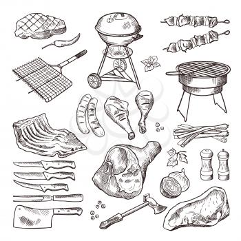 Bbq vector hand drawn illustration set. Grilled meat and other accessories for barbecue party. Grill meat for bbq, barbecue sausage picnic drawing