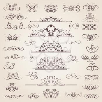 Vector set of decorative classical swirls and strokes. Medieval elements set. Drawing contour strokes swirl for page illustration