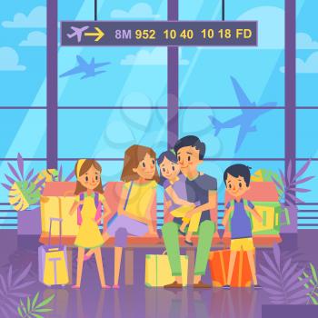 People goes to vacation. Sitting in airport terminal. Happy family couple with kids and baggage. Vector illustration. Family waiting in terminal with baggage, passenger family with kids in airport